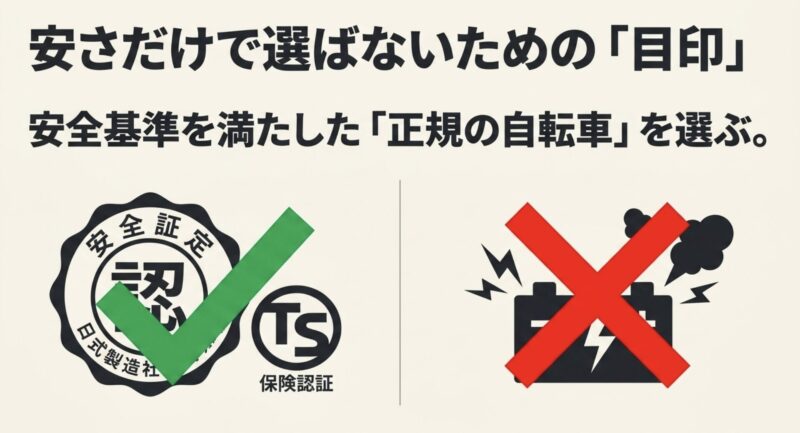 安全認定やTSマーク、保険認証のロゴと、発火するバッテリーの警告イラスト。安さだけで選ばず、安全基準を満たした正規の自転車を選ぶための目印を示しています。