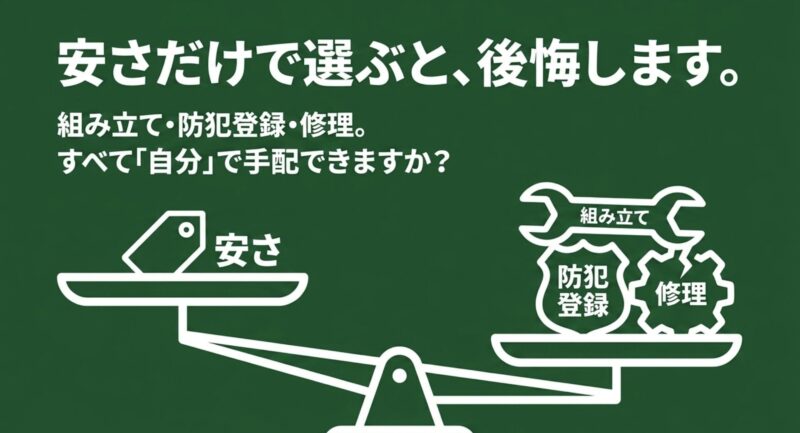 天秤のイラスト。安さだけで選ぶと、後悔します。組み立て・防犯登録・修理、すべて「自分」で手配できますか?