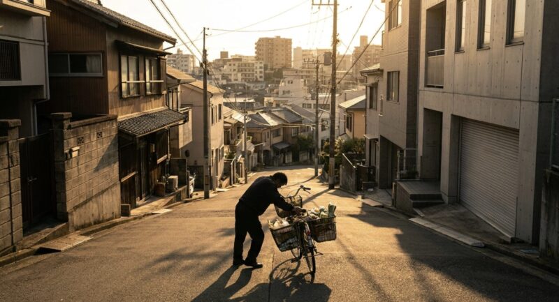 坂道を重たい荷物を積んだ自転車で押し歩く人の風景