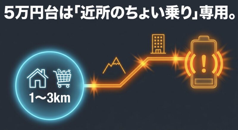 5万円台の電動アシスト自転車が適しているのは1から3km圏内の買い物や近所のちょい乗りであるという解説