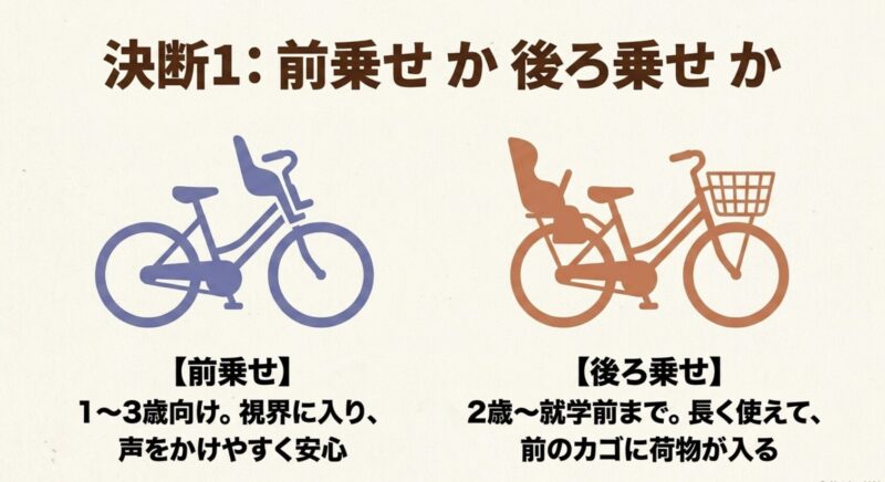 1〜3歳向けで声がかけやすい前乗せと、2歳〜就学前まで長く使えて前カゴが使える後ろ乗せの自転車シルエット比較