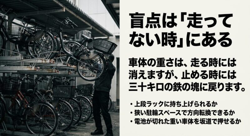 盲点は「走ってない時」にあるとし、上段ラックへの持ち上げなど止める時には30キロの鉄の塊に戻る車体の重さへの注意喚起