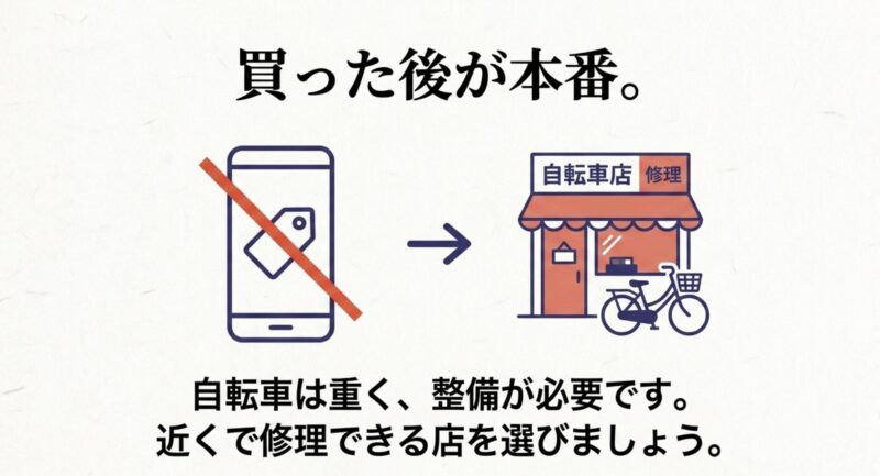自転車は重く整備が必要なため、近くで修理できる自転車店を選ぶ
