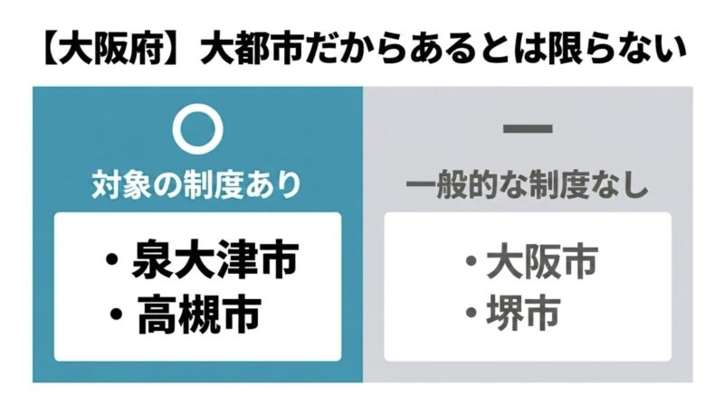 大阪府の補助金状況。泉大津市と高槻市には対象制度があり、大阪市と堺市には一般的な制度がないことを示す図解