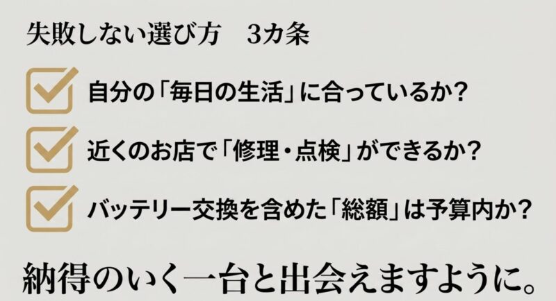 毎日の生活に合っているか、近くで修理・点検ができるか、バッテリー交換を含めた総額は予算内かを確認する3カ条のチェックリスト