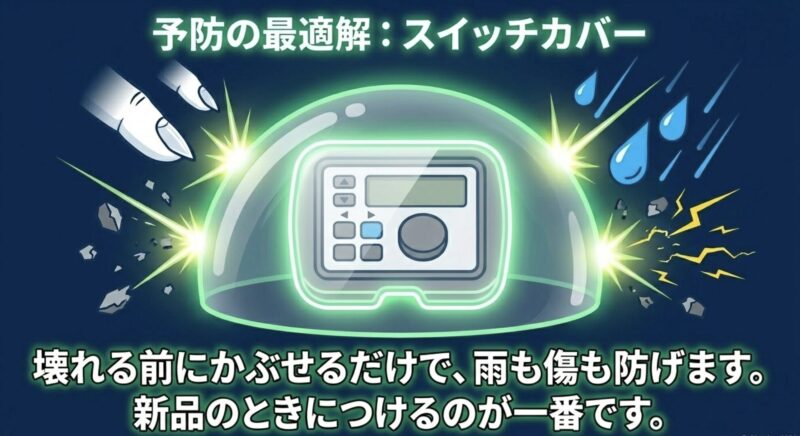 壊れる前に新品の時からスイッチカバーをつけることが予防の最適解であるというメッセージ