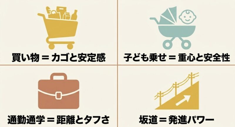 買い物 = カゴと安定感 子ども乗せ=重心と安全性 、通勤通学=距離とタフさ 、坂道発進パワー を図解したイメージ