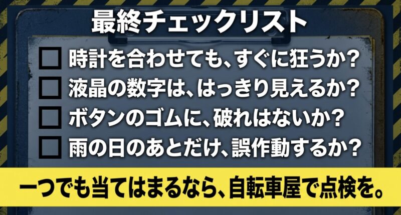 時計がすぐに狂うか、液晶がはっきり見えるかなどの最終チェックリスト