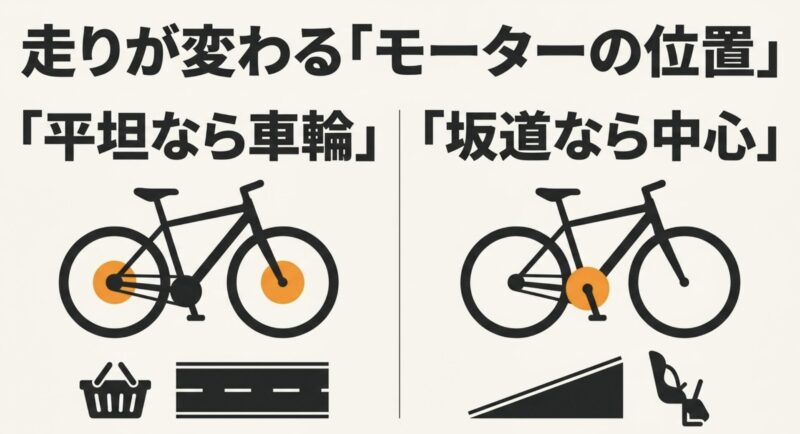 平坦な道に向く車輪モーター（ハブモーター）と、坂道に向く中心モーター（ミッドドライブ）の違いを比較したイラスト。モーターの位置で走りが変わることを示しています。