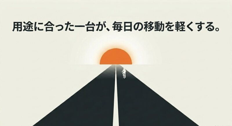 用途に合った一台の電動アシスト自転車が毎日の移動を軽くするという締めくくりのメッセージ