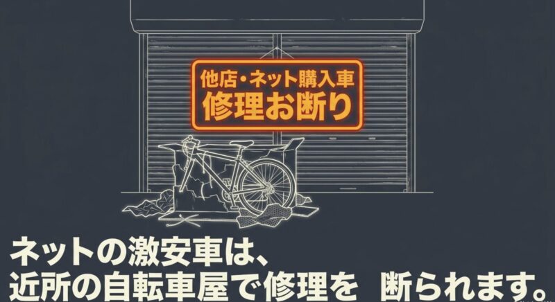 他店やネット通販で購入した激安の電動アシスト自転車は、近所の自転車店で修理やメンテナンスをお断りされるケースが多いという図解