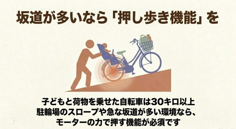 30キロ以上になる子供と荷物を乗せた自転車を、急な坂道や駐輪場のスロープでモーターの力を使って押し歩きするイラスト