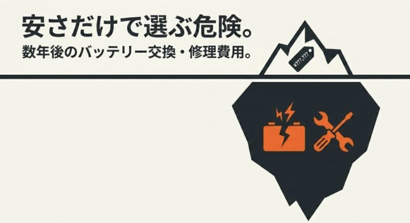 初期費用だけでなく数年後のバッテリー交換や修理費用がかさむ危険性を示すイラスト