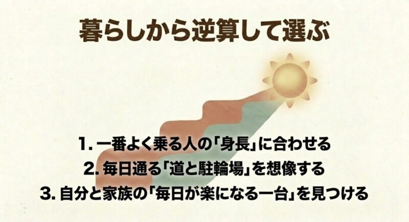 1番よく乗る人の身長に合わせる、毎日通る道と駐輪場を想像する、自分と家族の毎日が楽になる一台を見つける、という選び方の3箇条