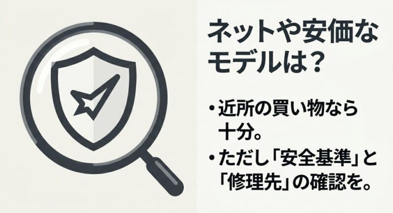 近所の買い物には十分だが、安全基準と修理先の確認が必要なネットや安価なモデルの選び方