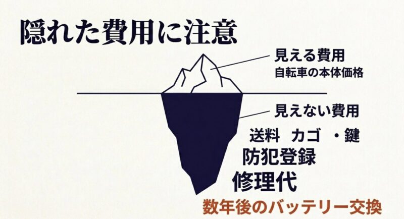 送料、カゴ、鍵、防犯登録、修理代、数年後のバッテリー交換など電動アシスト自転車の隠れた費用