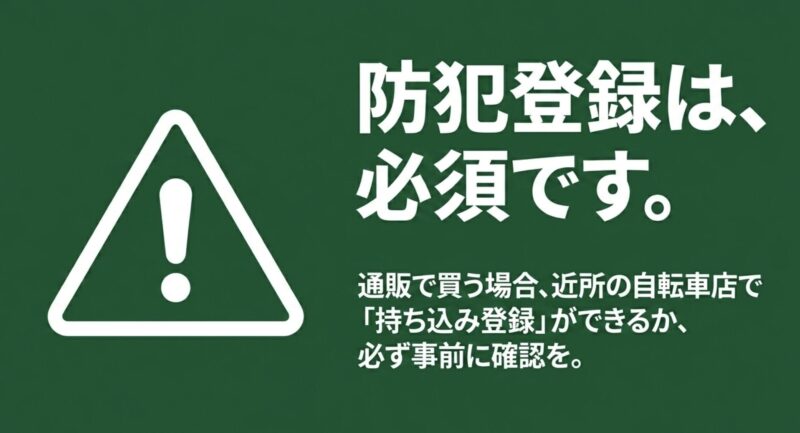 警告マーク。防犯登録は、必須です。通販で買う場合、近所の自転車店で「持ち込み登録」ができるか、必ず事前に確認を。