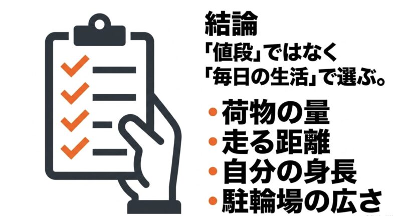 電動アシスト自転車は値段ではなく、毎日の荷物の量、走る距離、自分の身長、駐輪場の広さなど生活に合わせて選ぶという結論のチェックリスト