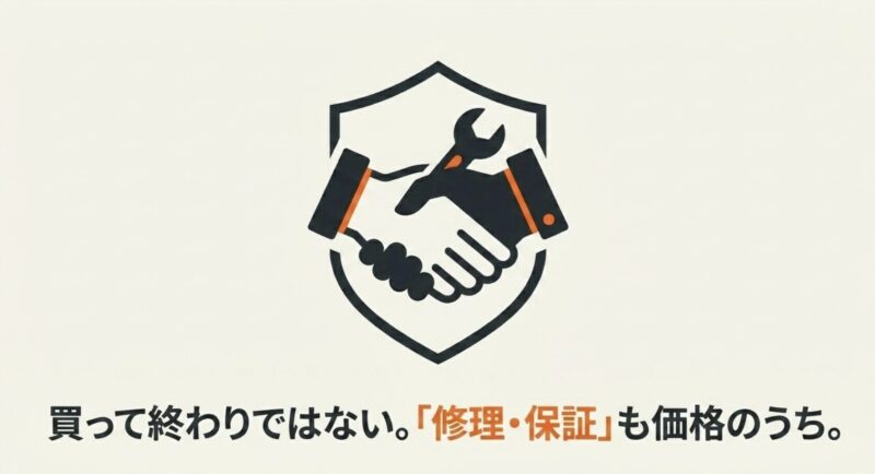電動アシスト自転車購入後の修理対応やメーカー保証の重要性を示す握手と工具のイラスト