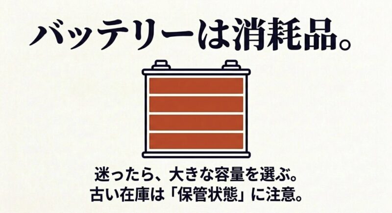 バッテリーは消耗品のため、迷ったら大容量を選び、古い在庫は保管状態に注意する