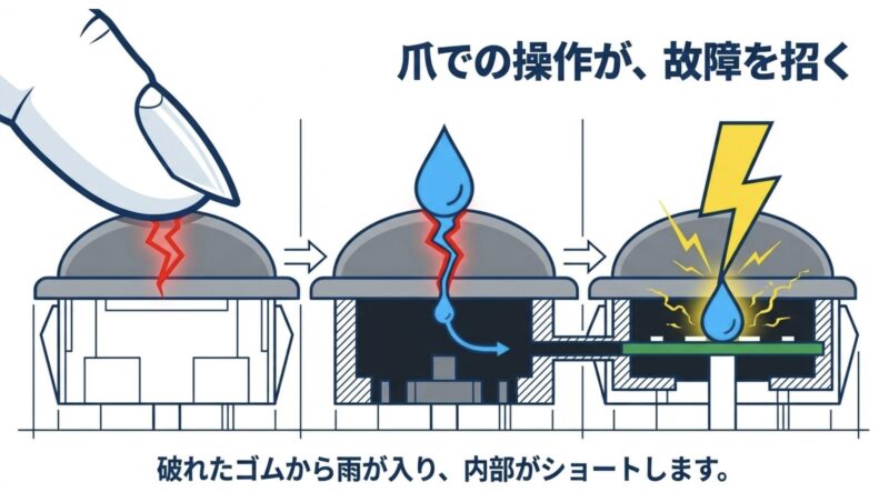 爪でのボタン操作でゴムが破れ、そこから雨水が侵入して内部ショートを起こす図解