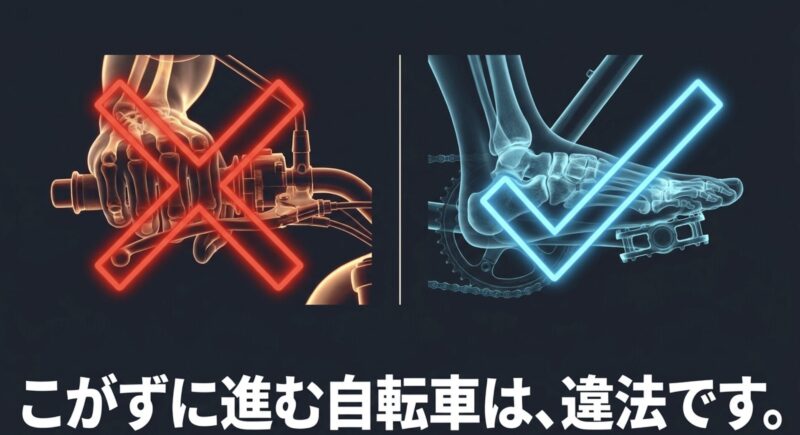 手元のスロットル操作のみでこがずに進む車両は違法であり、足でペダルをこぐタイプの電動アシスト自転車を選ぶべきという注意喚起