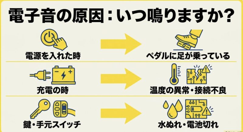 電源オンや充電時に鳴る電動自転車の電子音の原因