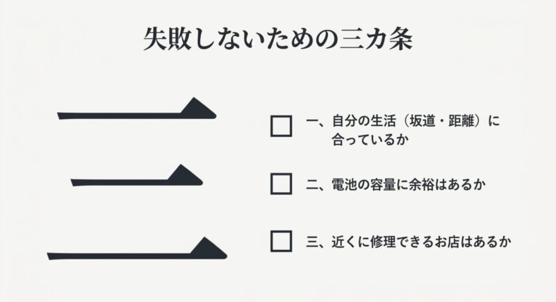 自分の生活への適合、電池容量の余裕、近くに修理できるお店があるかをまとめた失敗しないための三カ条