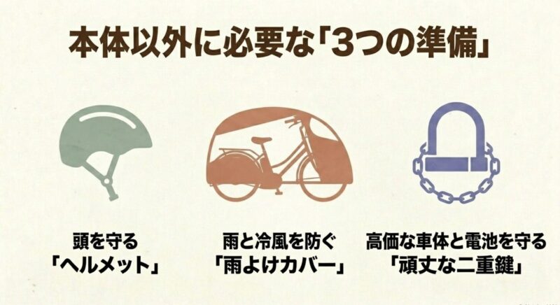 本体以外に必要な準備として、頭を守るヘルメット、雨や冷風を防ぐ雨よけカバー、高価な車体と電池を守る頑丈な二重鍵のアイコン