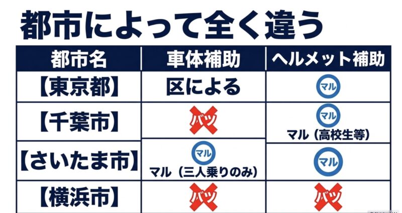 東京都、千葉市、さいたま市、横浜市の電動アシスト自転車補助金(車体・ヘルメット)の比較表