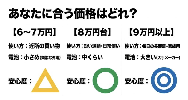 電動アシスト自転車の価格帯(6〜7万円、8万円台、9万円以上)ごとの使い方と安心度の違いの比較図