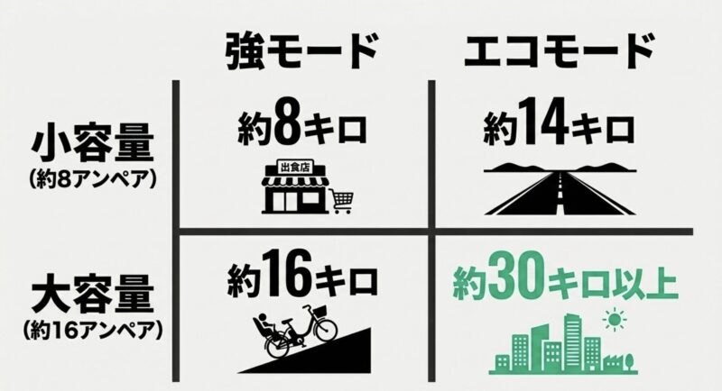 小容量(約8Ah)と大容量(約16Ah)の強モード・エコモードにおける走行距離の比較