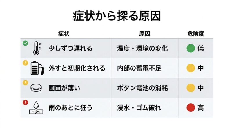 少しずつ遅れる、画面が薄いなど、時計のズレの症状と原因・危険度をまとめた一覧表