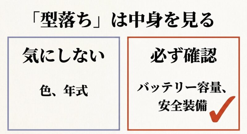 型落ちモデルは色や年式を気にせず、バッテリー容量と安全装備を必ず確認する