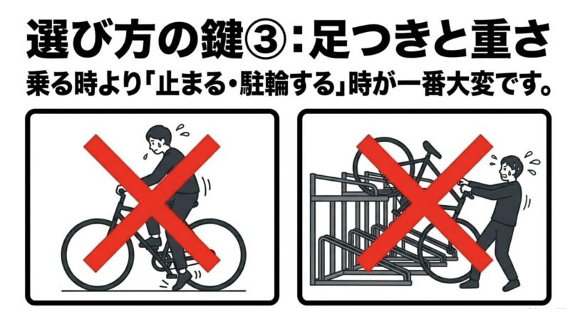 電動アシスト自転車は乗る時よりも、足つきが悪い状態での停車や重い車体を駐輪する時が一番大変であることを示すイラスト