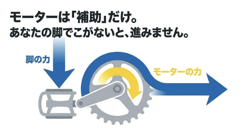 電動アシスト自転車は脚の力とモーターの力で進み、モーターは補助にすぎないことを示すグラフ