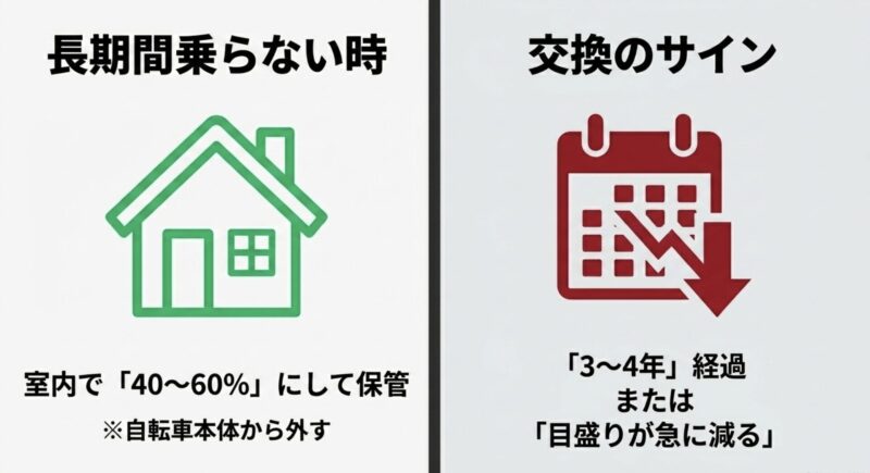 長期間乗らない時は自転車本体から外し、室内で40%〜60%にして保管する。3〜4年経過、または目盛りが急に減る場合は交換のサイン。