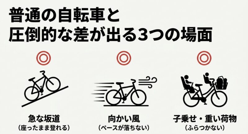 普通の自転車と差が出る3つの場面(急な坂道・向かい風・子乗せや重い荷物)