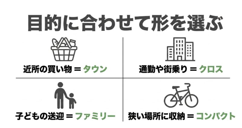 タウン、クロス、ファミリー、コンパクトなど目的に合わせた自転車選びの図解
