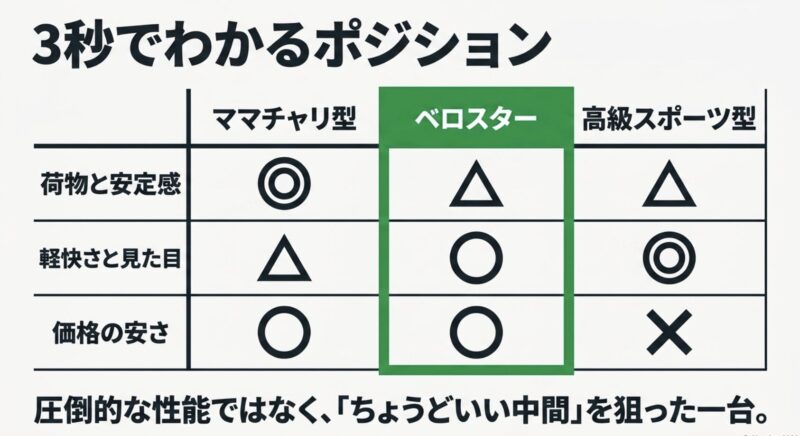 ママチャリ型、ベロスター、高級スポーツ型eバイクの荷物積載、軽快さ、価格の比較表