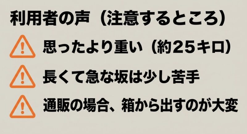 ペルテック利用者の声・注意するところ（約25キロと思ったより重い、長くて急な坂は少し苦手、通販の場合は箱から出すのが大変）