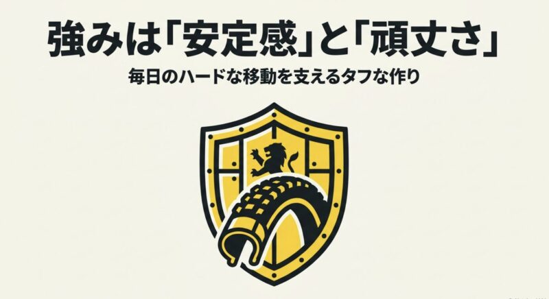 毎日のハードな移動を支えるタフな作りを示す、安定感と頑丈さを表すアイコン
