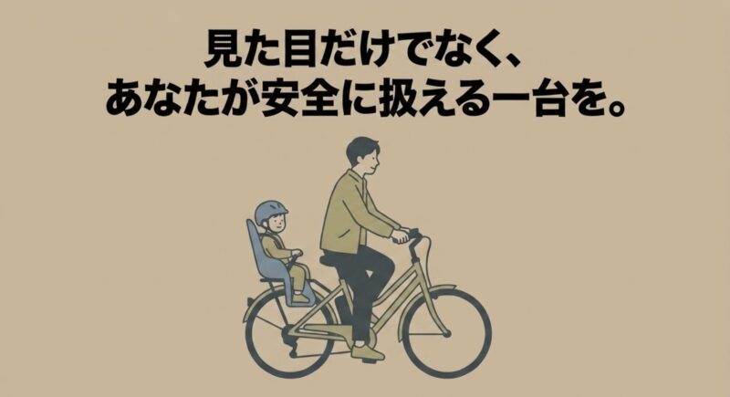 見た目だけでなく安全に扱える子ども乗せ自転車選びを促すイラスト