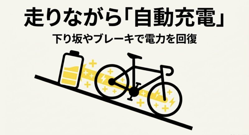 下り坂やブレーキで電力を回復し、走りながら自動充電する仕組みの図解