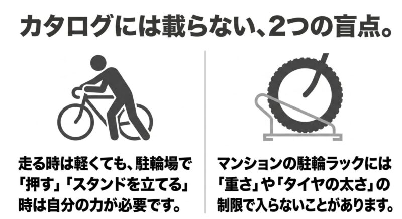 駐輪場で押す時に必要な自分の力や、マンション駐輪ラックの重さ・タイヤ幅制限といったカタログに載らない盲点