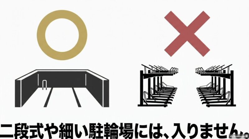 平置き駐輪場と二段式駐輪場の図解と共に「二段式や細い駐輪場には、入りません。」と書かれたスライド