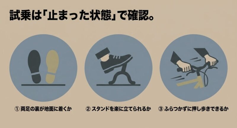 足つき、スタンド操作、押し歩きなど試乗時に止まった状態で確認すべき3つのポイント