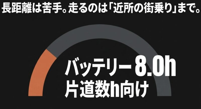 長距離は苦手。走るのは「近所の街乗り」まで。バッテリー8.0h 片道数h向け