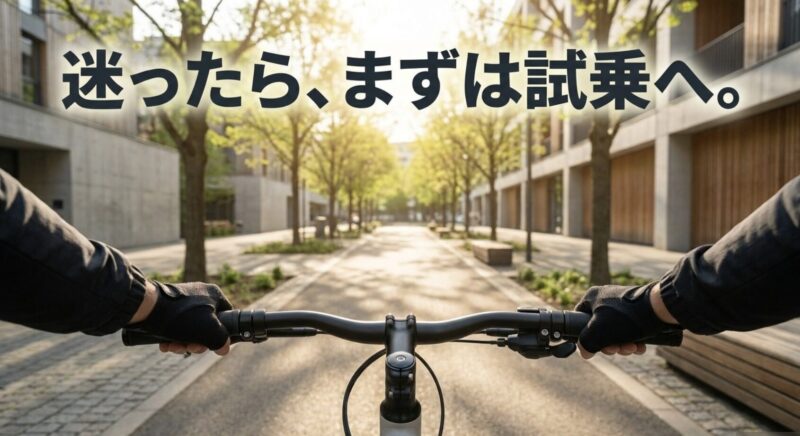 電動アシスト自転車選びで迷ったら、まずは販売店での試乗をおすすめするメッセージスライド