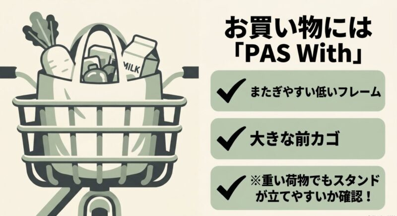 またぎやすい低いフレームと大きな前カゴが特徴のお買い物向けPAS With